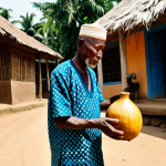 An elder Igbo man, dressed in traditional modest attire with vibrant, intricate patterns, stands respectfully in a traditional village setting. He is engaged in a silent ritual, gently pouring a small amount of palm wine from a simple calabash onto the earth as an offering. The scene is illuminated by soft, natural light, emphasizing a profound connection to the land and ancestors. His expression is serene and contemplative, embodying wisdom and reverence.
    **Quality and Safety Modifiers**: professional photography, high quality, vibrant colors, realistic, cinematic lighting, safe for work, appropriate content, fully clothed, modest clothing, appropriate attire, family-friendly, perfect anatomy, correct proportions, natural pose, well-formed hands, proper finger count, natural body proportions.