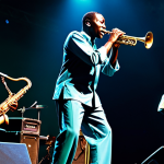 A charismatic Fela Kuti, fully clothed in a vibrant, modest West African-inspired tunic and trousers, performs with intense focus on his saxophone. He is on a dimly lit stage at "The Shrine," surrounded by his band, Africa 70, featuring powerful horn sections and dynamic percussionists. The background shows a lively, diverse, fully clothed crowd, silhouetted and dancing in a state of euphoric trance. High-quality professional concert photography, vibrant colors, dynamic lighting, perfect anatomy, correct proportions, natural pose, well-formed hands, proper finger count, natural body proportions, professional dress, appropriate content, safe for work, family-friendly.