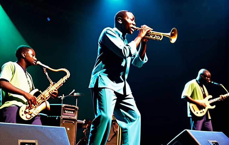 A charismatic Fela Kuti, fully clothed in a vibrant, modest West African-inspired tunic and trousers, performs with intense focus on his saxophone. He is on a dimly lit stage at "The Shrine," surrounded by his band, Africa 70, featuring powerful horn sections and dynamic percussionists. The background shows a lively, diverse, fully clothed crowd, silhouetted and dancing in a state of euphoric trance. High-quality professional concert photography, vibrant colors, dynamic lighting, perfect anatomy, correct proportions, natural pose, well-formed hands, proper finger count, natural body proportions, professional dress, appropriate content, safe for work, family-friendly.
