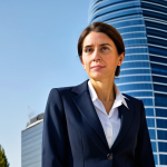 Professional Portrait**

"A professional businesswoman in a modest business suit, standing in front of the BBVA Tower in Madrid, fully clothed, appropriate attire, safe for work, perfect anatomy, natural proportions, professional photography, high quality."

**