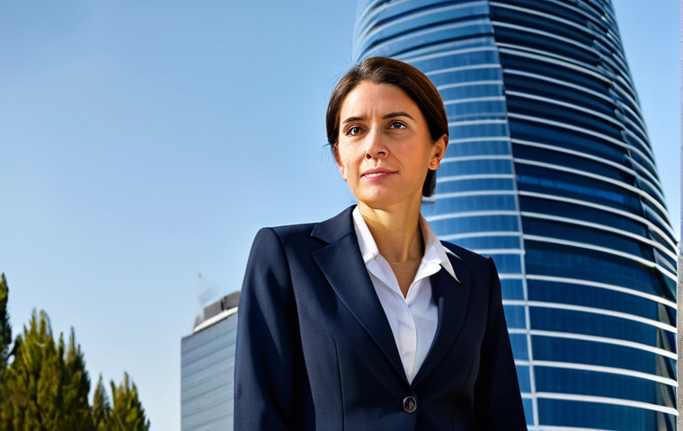 Professional Portrait**
"A professional businesswoman in a modest business suit, standing in front of the BBVA Tower in Madrid, fully clothed, appropriate attire, safe for work, perfect anatomy, natural proportions, professional photography, high quality."
**