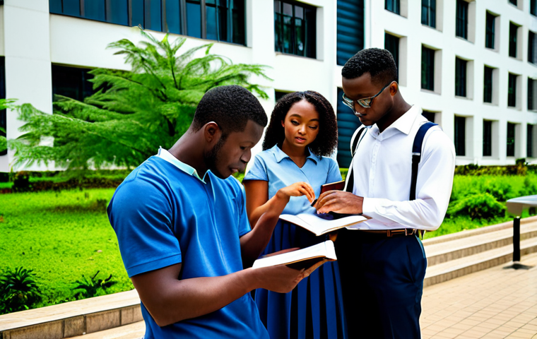**
"A diverse group of fully clothed university students in appropriate attire studying together on a modern Nigerian university campus. Lush greenery, modern architecture in the background. Safe for work, professional environment, perfect anatomy, correct proportions, natural pose, well-formed hands, proper finger count, natural body proportions, high quality."
**