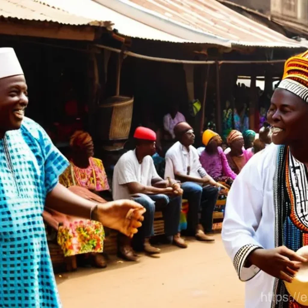나이지리아 전통 음악 장르 - **Vibrant Yoruba Market Celebration:** A bustling, sun-drenched market square in Ibadan, Nigeria, fi...