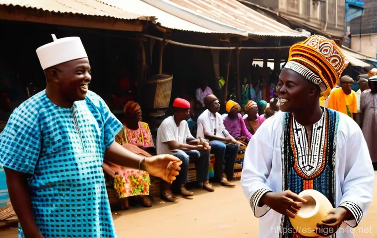 나이지리아 전통 음악 장르 - **Vibrant Yoruba Market Celebration:** A bustling, sun-drenched market square in Ibadan, Nigeria, fi...