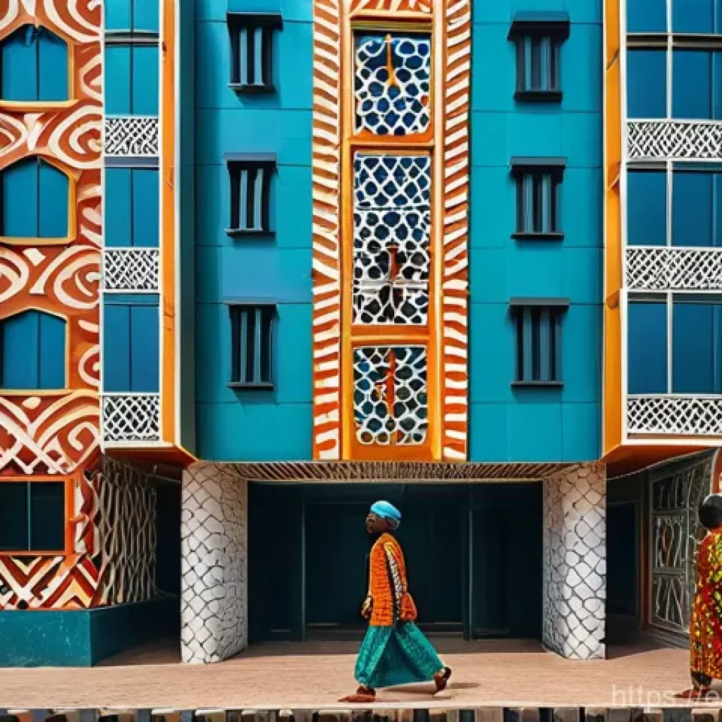 나이지리아의 현대 건축물 - **A vibrant, modern skyscraper in Lagos, Nigeria, with its facade elegantly incorporating intricate,...