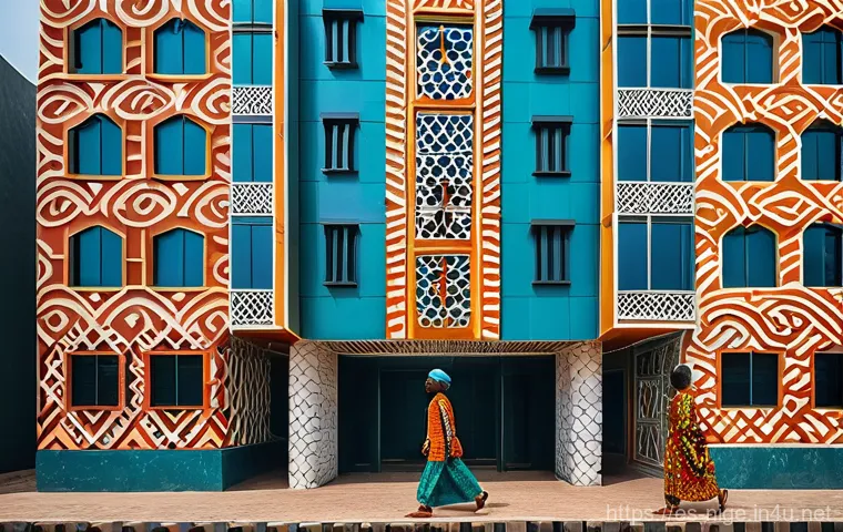 나이지리아의 현대 건축물 - **A vibrant, modern skyscraper in Lagos, Nigeria, with its facade elegantly incorporating intricate,...