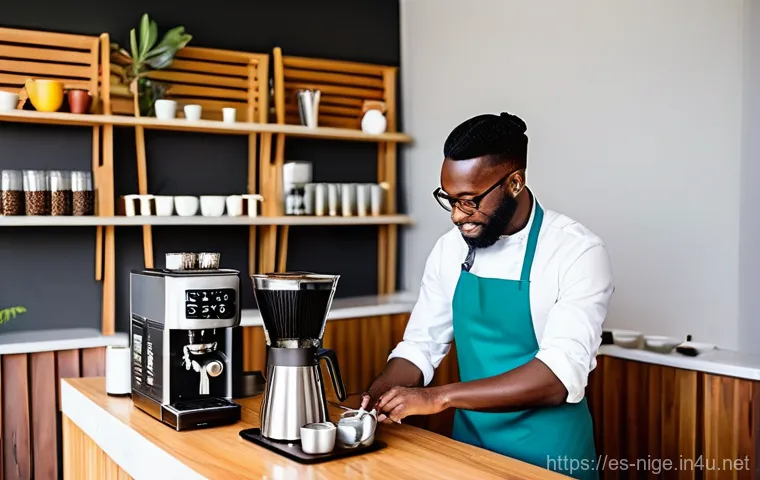 나이지리아에서 인기 있는 커피 브랜드 - **Prompt:** "A vibrant, modern independent coffee shop in Lagos, Nigeria, bustling with young, diver...