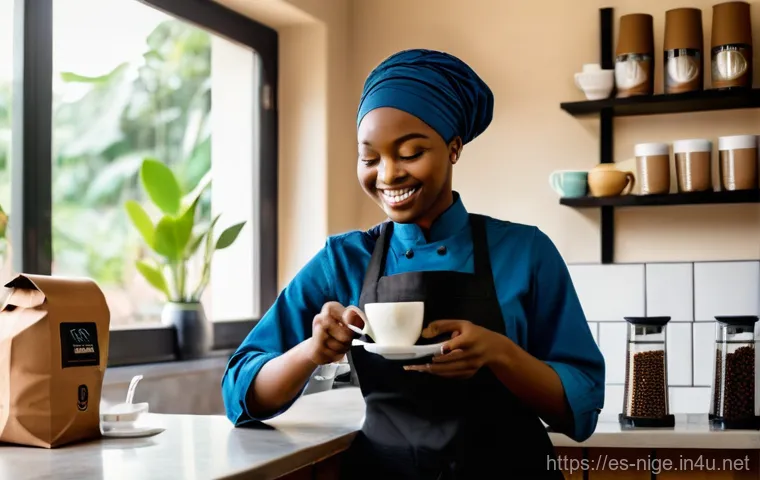 나이지리아에서 인기 있는 커피 브랜드 - **Prompt:** "A picturesque scene of Nigerian coffee farmers, including both men and women of varying...
