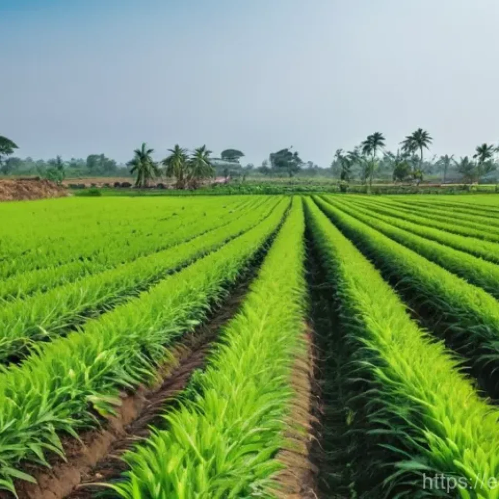 나이지리아 농업 성장 가능성 - A panoramic and vibrant shot of expansive Nigerian farmlands under a clear, bright sky. The fields a...
