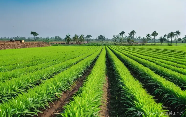 나이지리아 농업 성장 가능성 - A panoramic and vibrant shot of expansive Nigerian farmlands under a clear, bright sky. The fields a...