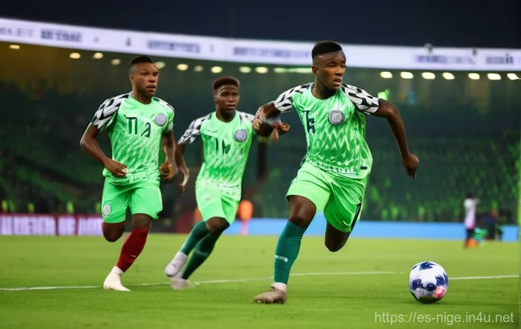나이지리아 축구 대표팀 선수 명단 - **Title: The Super Eagles' Explosive Attack**
    **Prompt:** A dynamic, wide-angle shot of three Ni...