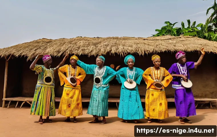 나이지리아에서 전통 춤 배우기 - A vibrant scene capturing a group of Yoruba dancers performing the Egungun dance during a traditiona...