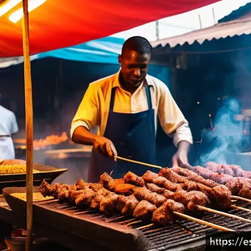 Home 32 수야 바베큐 맛집 - A vibrant street food scene in Lagos, Nigeria, featuring a skilled vendor grilling traditional Suya ...