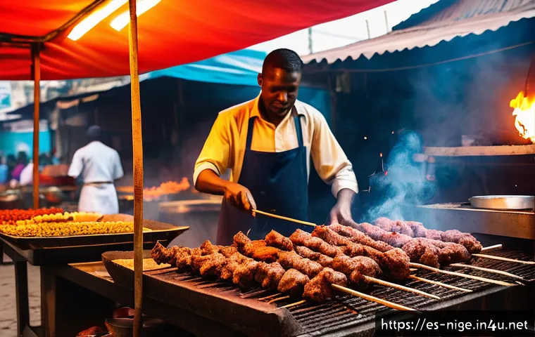 수야 바베큐 맛집 - A vibrant street food scene in Lagos, Nigeria, featuring a skilled vendor grilling traditional Suya ...