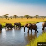 Home 19 나이지리아 사파리 체험 - A vivid scene of a guided 4x4 safari in Yankari National Park, Nigeria, featuring a herd of majestic...