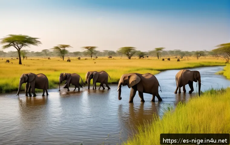 나이지리아 사파리 체험 - A vivid scene of a guided 4x4 safari in Yankari National Park, Nigeria, featuring a herd of majestic...