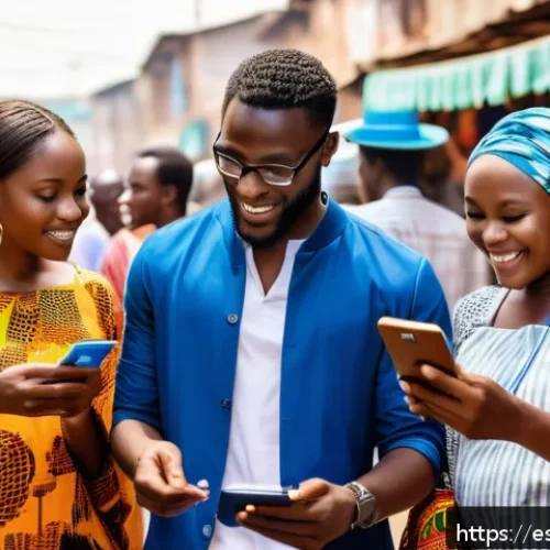 Home 30 나이지리아 핀테크 기업 - A vibrant urban Nigerian market scene showcasing diverse people using mobile financial apps on smart...