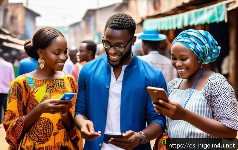 나이지리아 핀테크 기업 - A vibrant urban Nigerian market scene showcasing diverse people using mobile financial apps on smart...