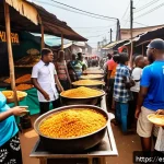 Home 23 나이지리아에서 교환학생 생활 - A vibrant street food scene in Lagos, Nigeria, showcasing a diverse group of young adults and famili...