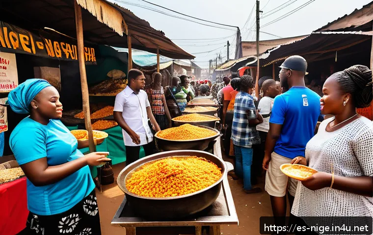 나이지리아에서 교환학생 생활 - A vibrant street food scene in Lagos, Nigeria, showcasing a diverse group of young adults and famili...