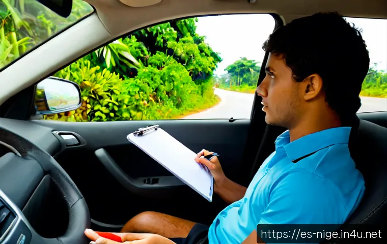 Home 17 나이지리아에서 드라이빙 테스트 합격하는 법 - Photorealistic driving test scene in Lagos, Nigeria, showing a focused young adult driver wearing a ...