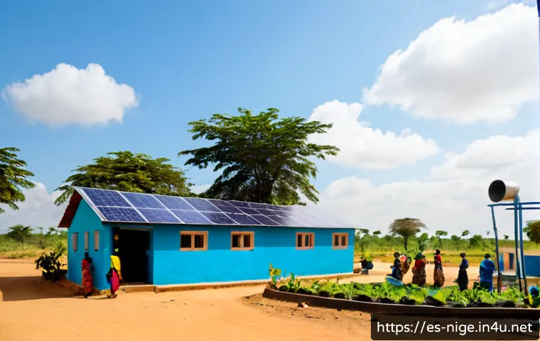 나이지리아의 기후 변화 대응 정책 - Photorealistic wide-angle scene of a Nigerian community climate adaptation project, solar panels pow...